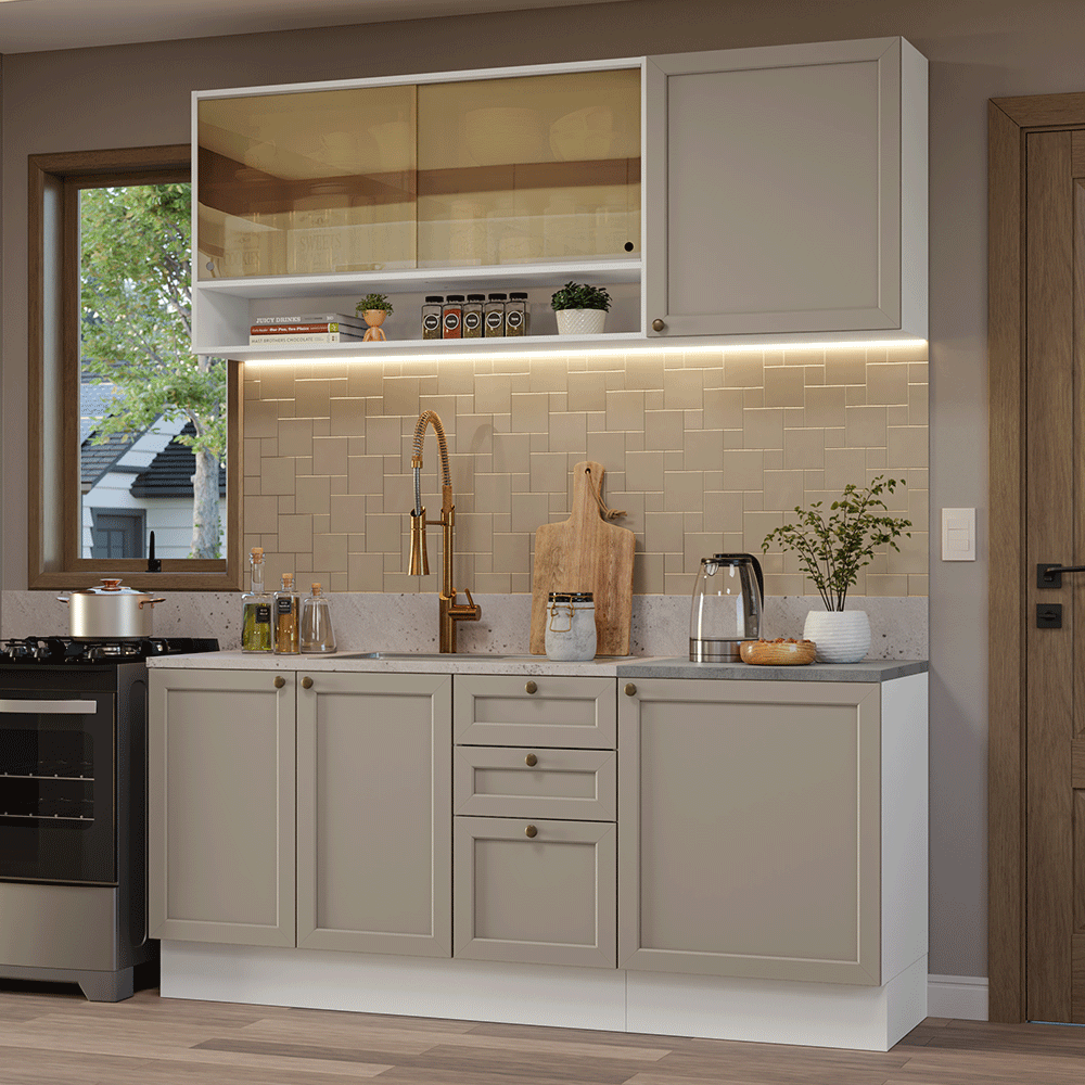 Armário de Cozinha Compacta 180 cm Branco/Crema Vik Madesa 04