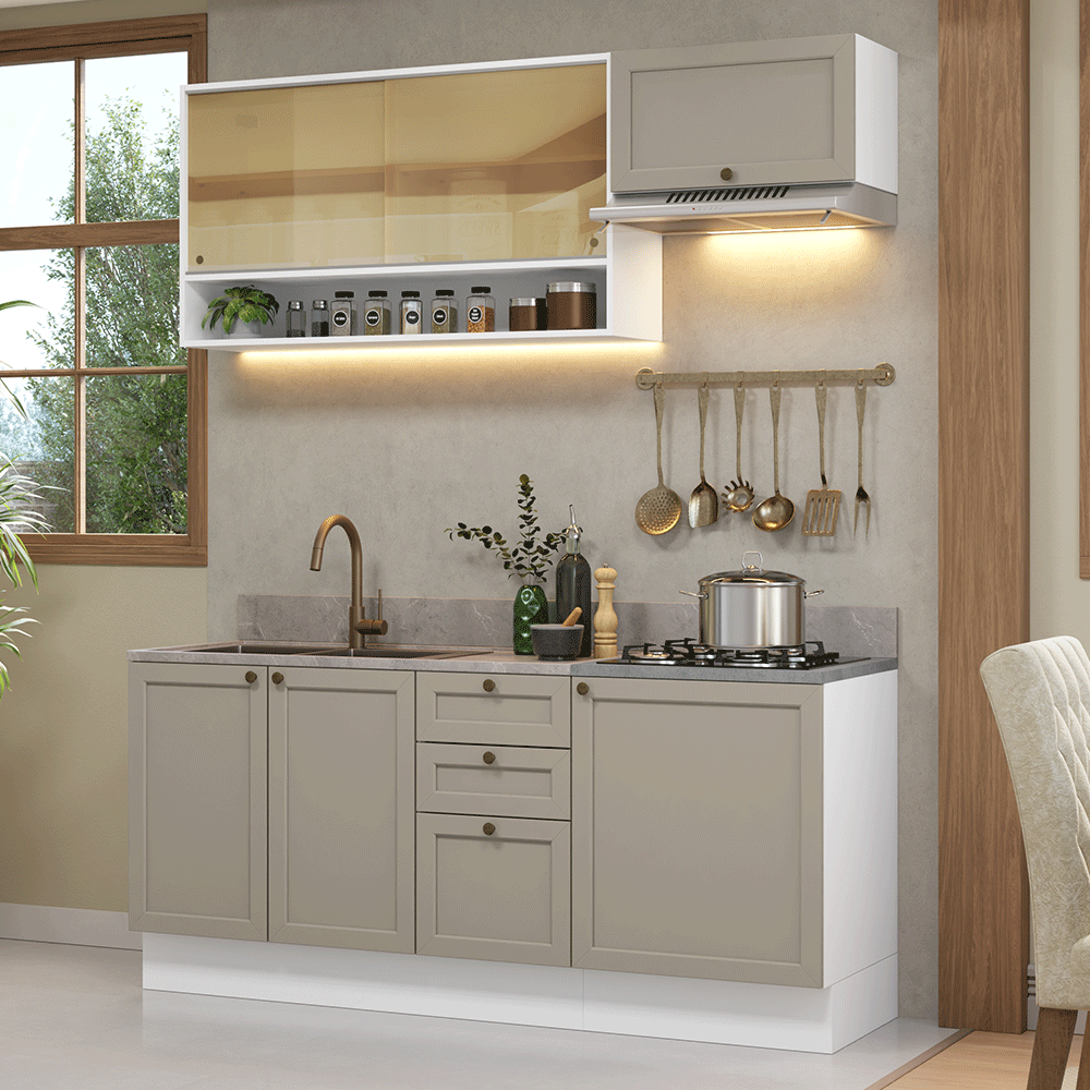 Armário de Cozinha Compacta 180 cm Branco/Crema Vik Madesa 05