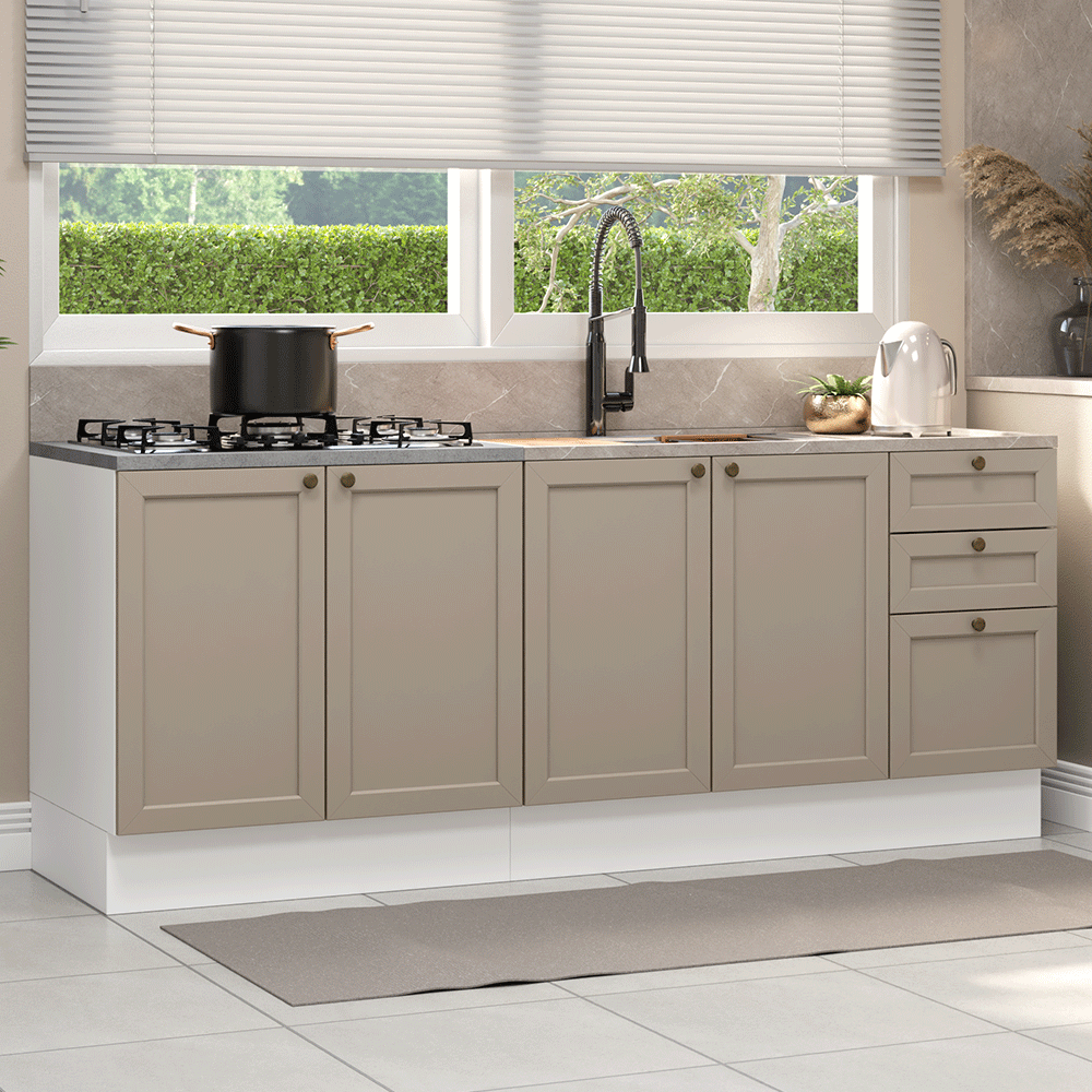 Kit com 2 Balcões de Cozinha 3 Gavetas 4 Portas (Sem Tampo e Pia) Branco/Crema Vik Madesa 01