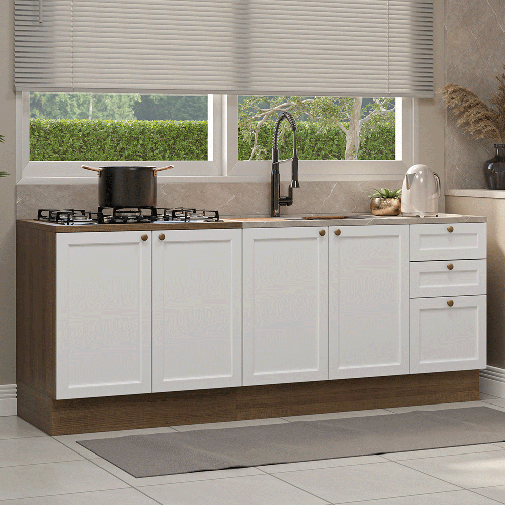 Kit com 2 Balcões de Cozinha 3 Gavetas 4 Portas (Sem Tampo e Pia) Rustic/Branco Vik Madesa 01
