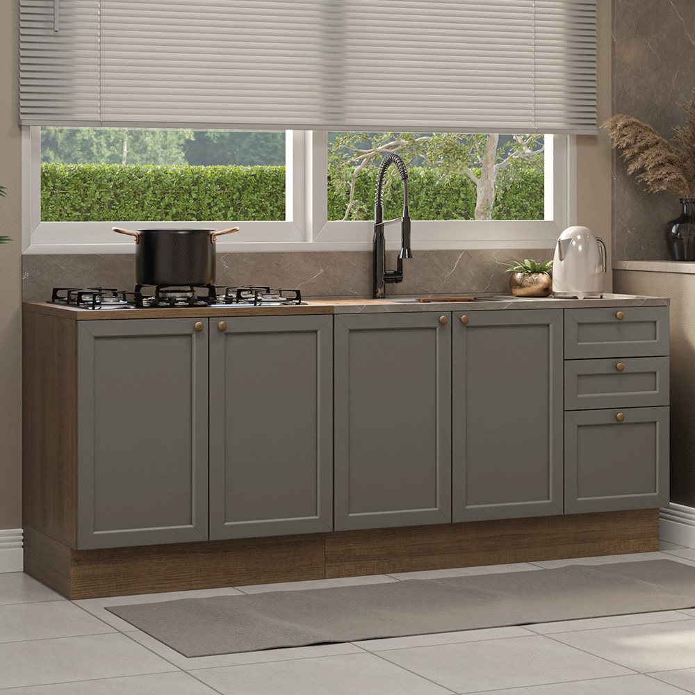 Kit com 2 Balcões de Cozinha 3 Gavetas 4 Portas (Sem Tampo e Pia) Rustic/Cinza Vik Madesa 01