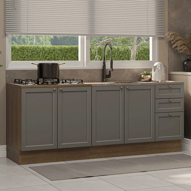 Kit com 2 Balcões de Cozinha 3 Gavetas 4 Portas (Sem Tampo e Pia) Rustic/Cinza Vik Madesa 01