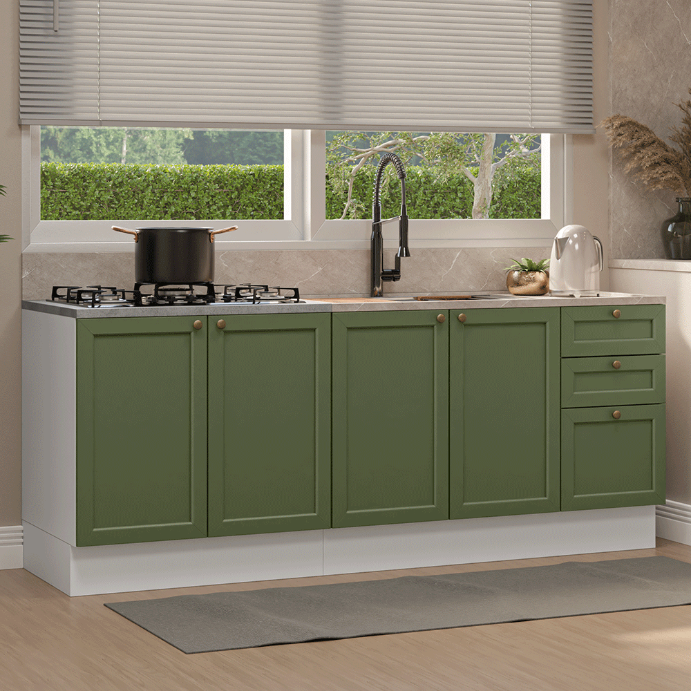 Kit com 2 Balcões de Cozinha 3 Gavetas 4 Portas (Sem Tampo e Pia) Branco/Verde Vik Madesa 01
