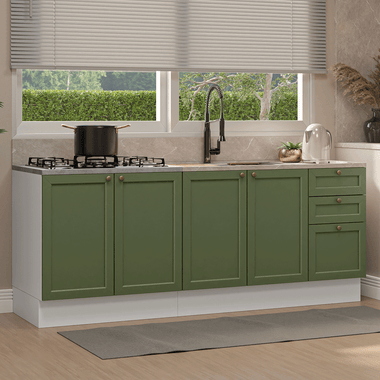 Kit com 2 Balcões de Cozinha 3 Gavetas 4 Portas (Sem Tampo e Pia) Branco/Verde Vik Madesa 01