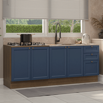 Kit com 2 Balcões de Cozinha 3 Gavetas 4 Portas (Sem Tampo e Pia) Rustic/Azul Vik Madesa 01