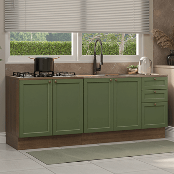 Kit com 2 Balcões de Cozinha 3 Gavetas 4 Portas (Sem Tampo e Pia) Rustic/Verde Vik Madesa 01