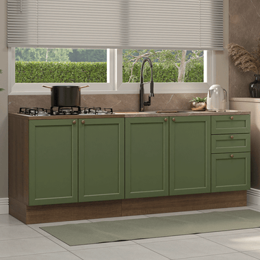 Kit com 2 Balcões de Cozinha 3 Gavetas 4 Portas (Sem Tampo e Pia) Rustic/Verde Vik Madesa 01