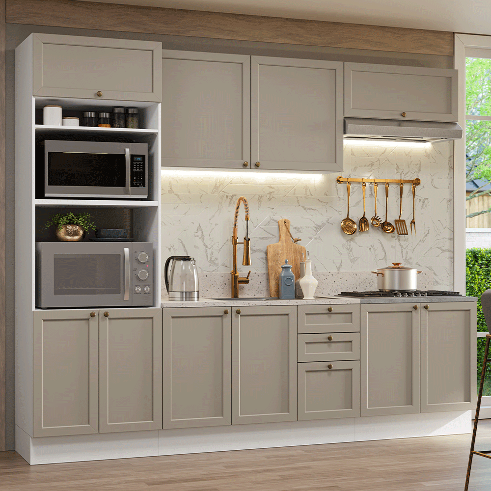 Armário de Cozinha Completa 270 cm Branco/Crema Vik Madesa 01