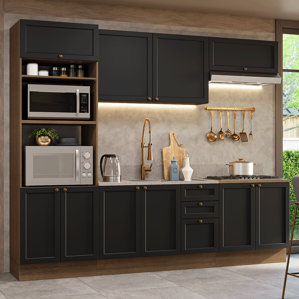 Armário de Cozinha Completa 270 cm Rustic/Preto Vik Madesa 01