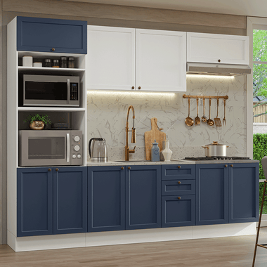 Armário de Cozinha Completa 270 cm Branco/Azul/Branco Vik Madesa 01