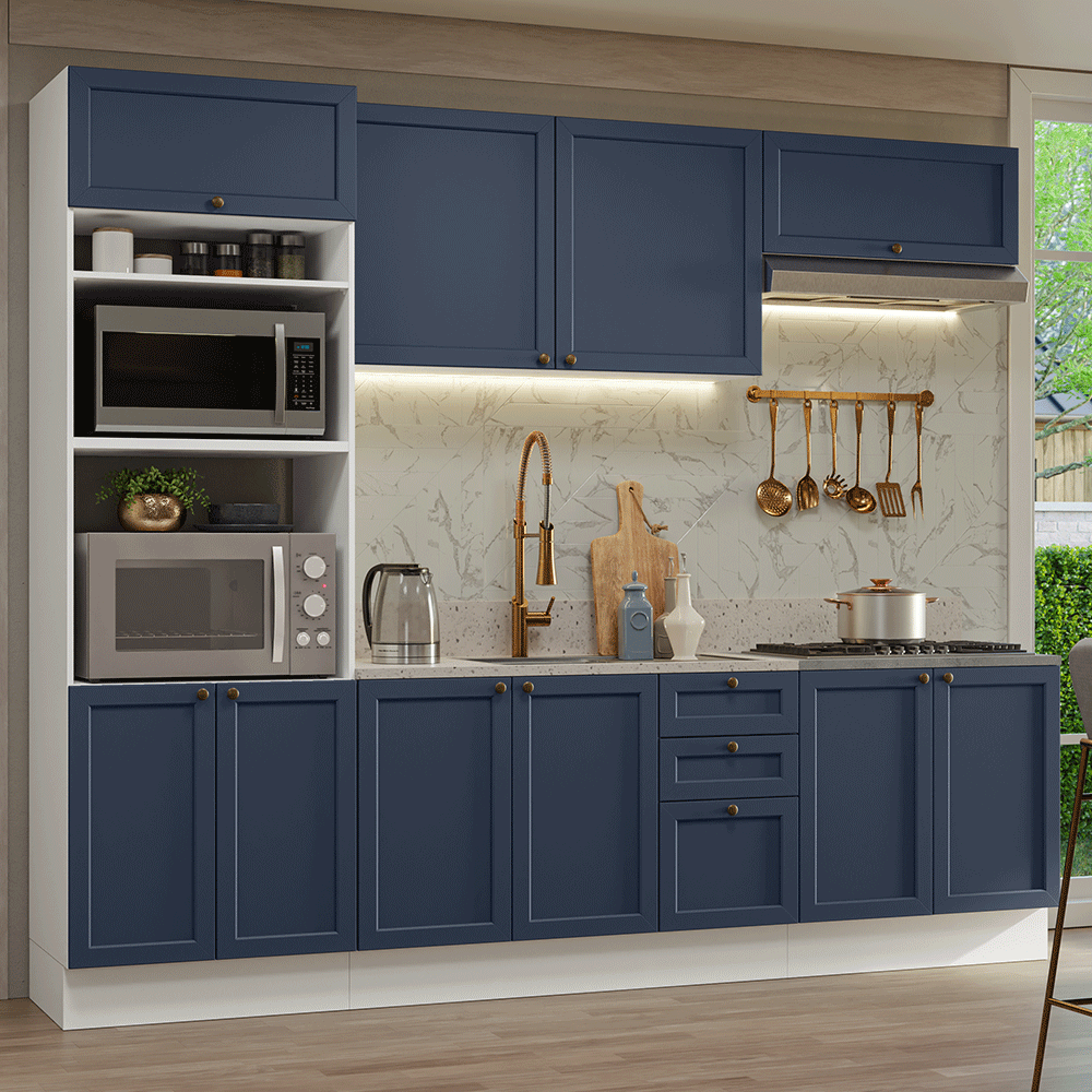 Armário de Cozinha Completa 270 cm Branco/Azul Vik Madesa 01