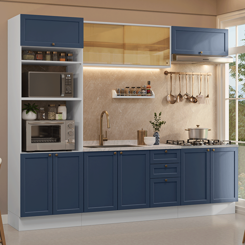 Armário de Cozinha Completa 270 cm Branco/Azul Vik Madesa 02