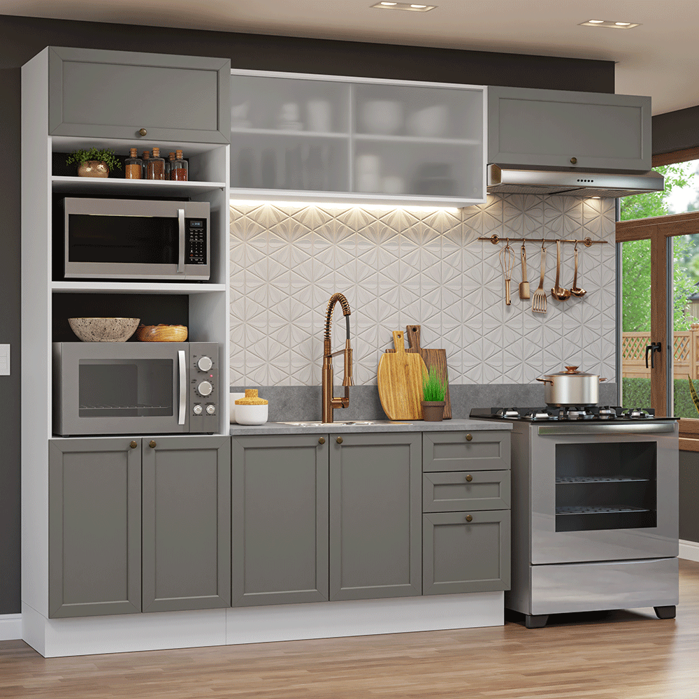 Armário de Cozinha Completa 270 cm Branco/Cinza Vik Madesa 03
