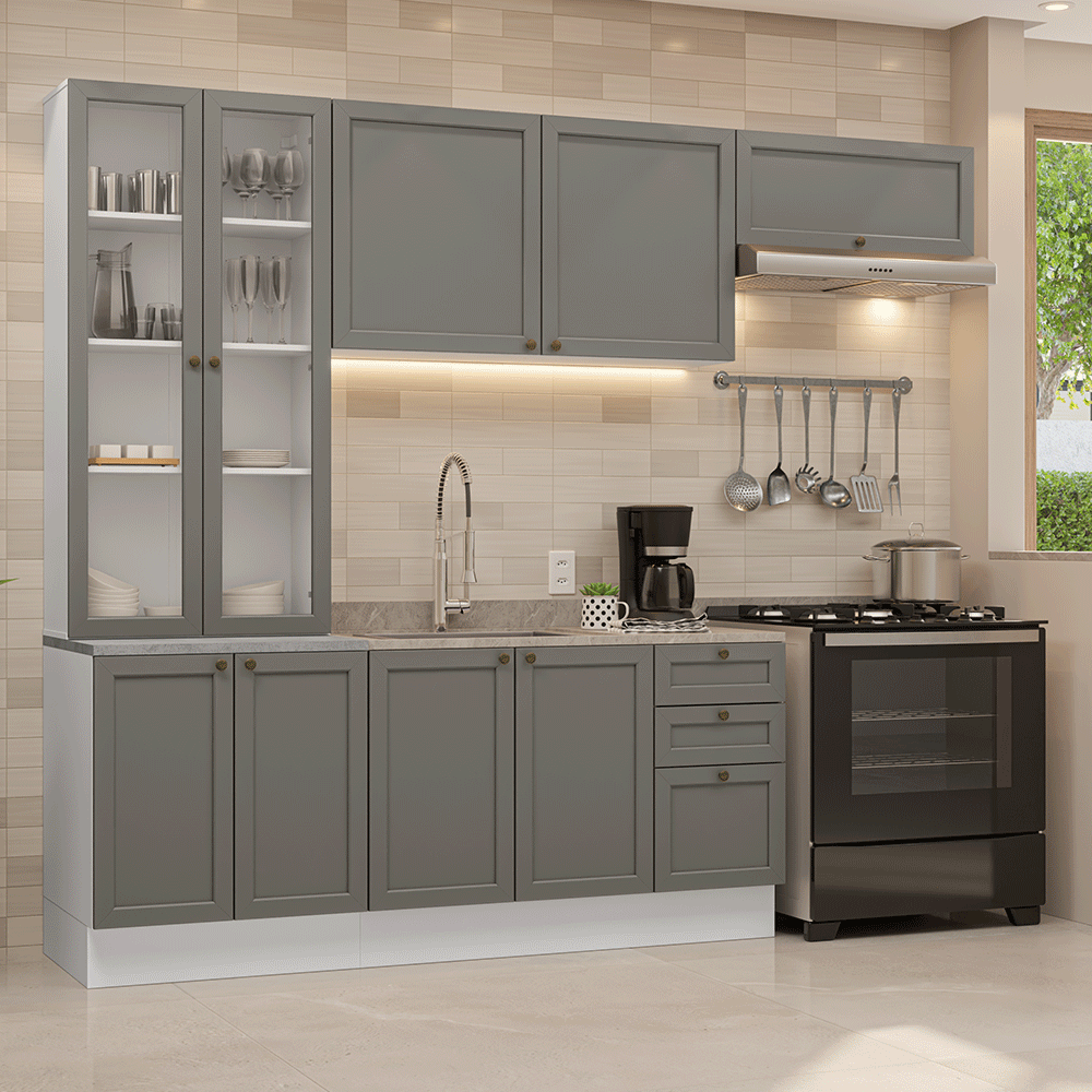 Armário de Cozinha Completa 270 cm Branco/Cinza Vik Madesa 05