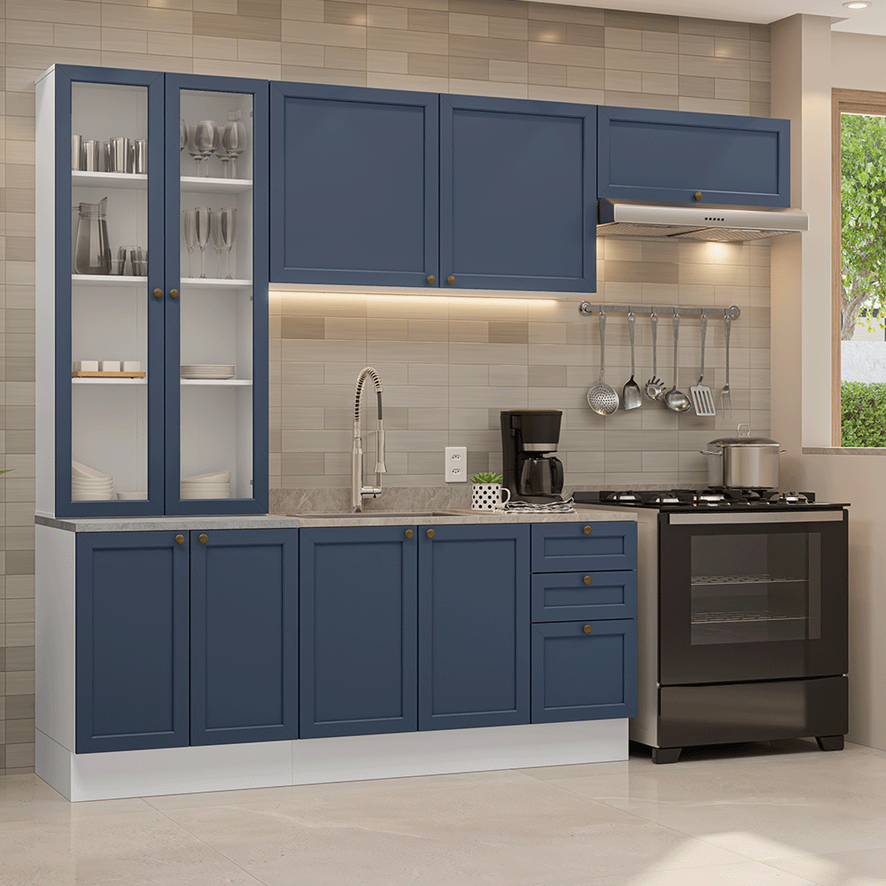 Armário de Cozinha Completa 270 cm Branco/Azul Vik Madesa 05