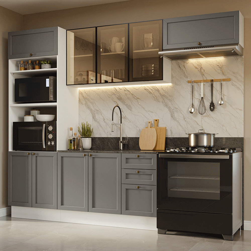 Armário de Cozinha Completa 270 cm Branco/Cinza Vik Madesa 07