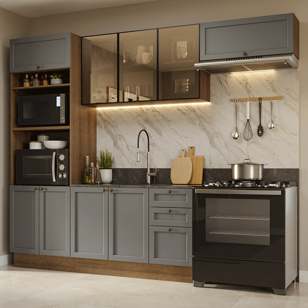 Armário de Cozinha Completa 270 cm Rustic/Cinza Vik Madesa 07