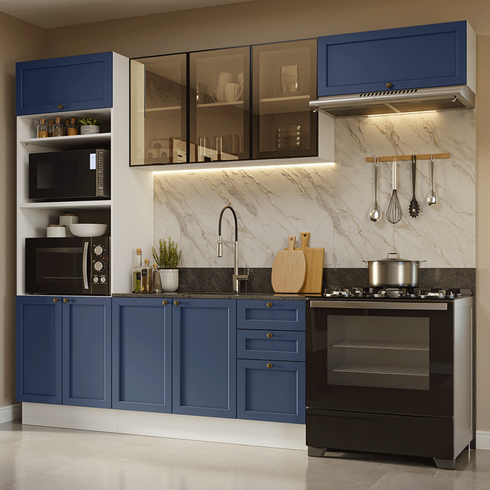 Armário de Cozinha Completa 270 cm Branco/Azul Vik Madesa 07
