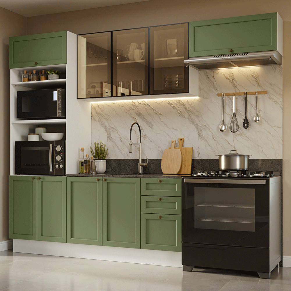 Armário de Cozinha Completa 270 cm Branco/Verde Vik Madesa 07
