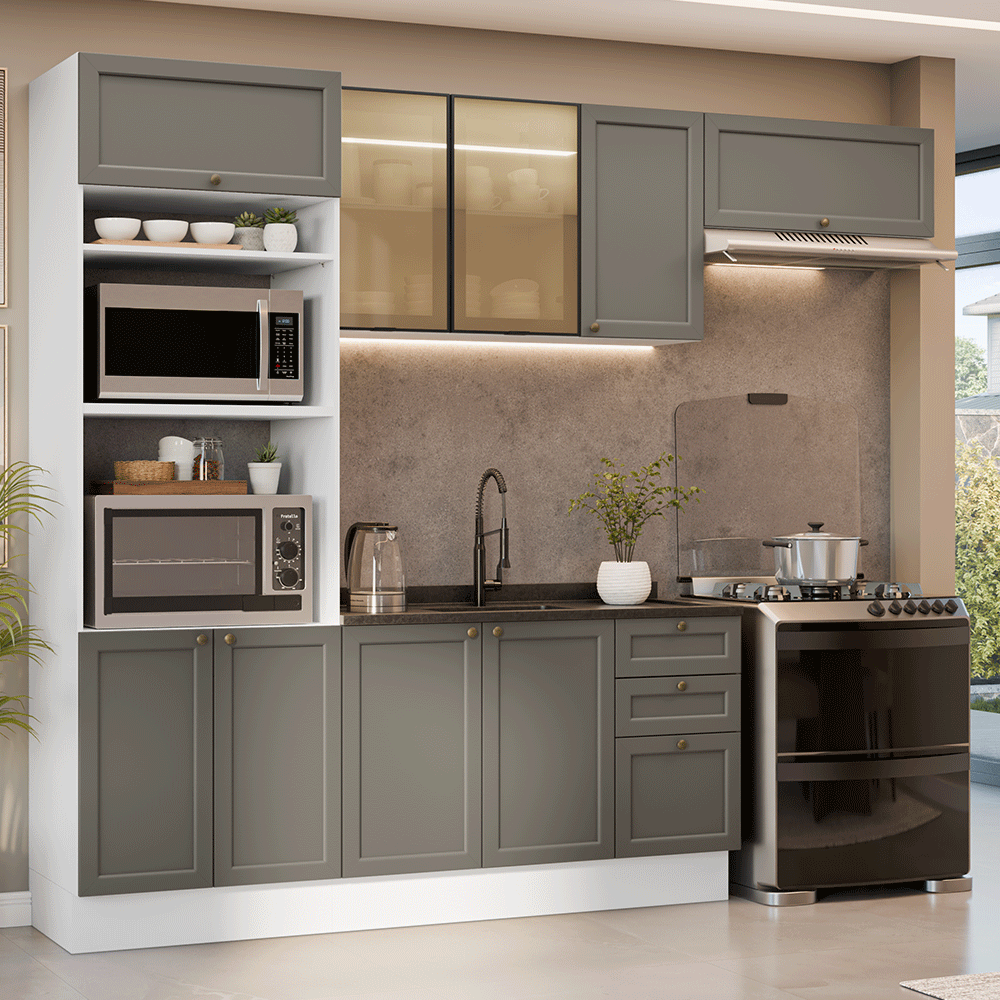 Armário de Cozinha Completa 270 cm Branco/Cinza Vik Madesa 08