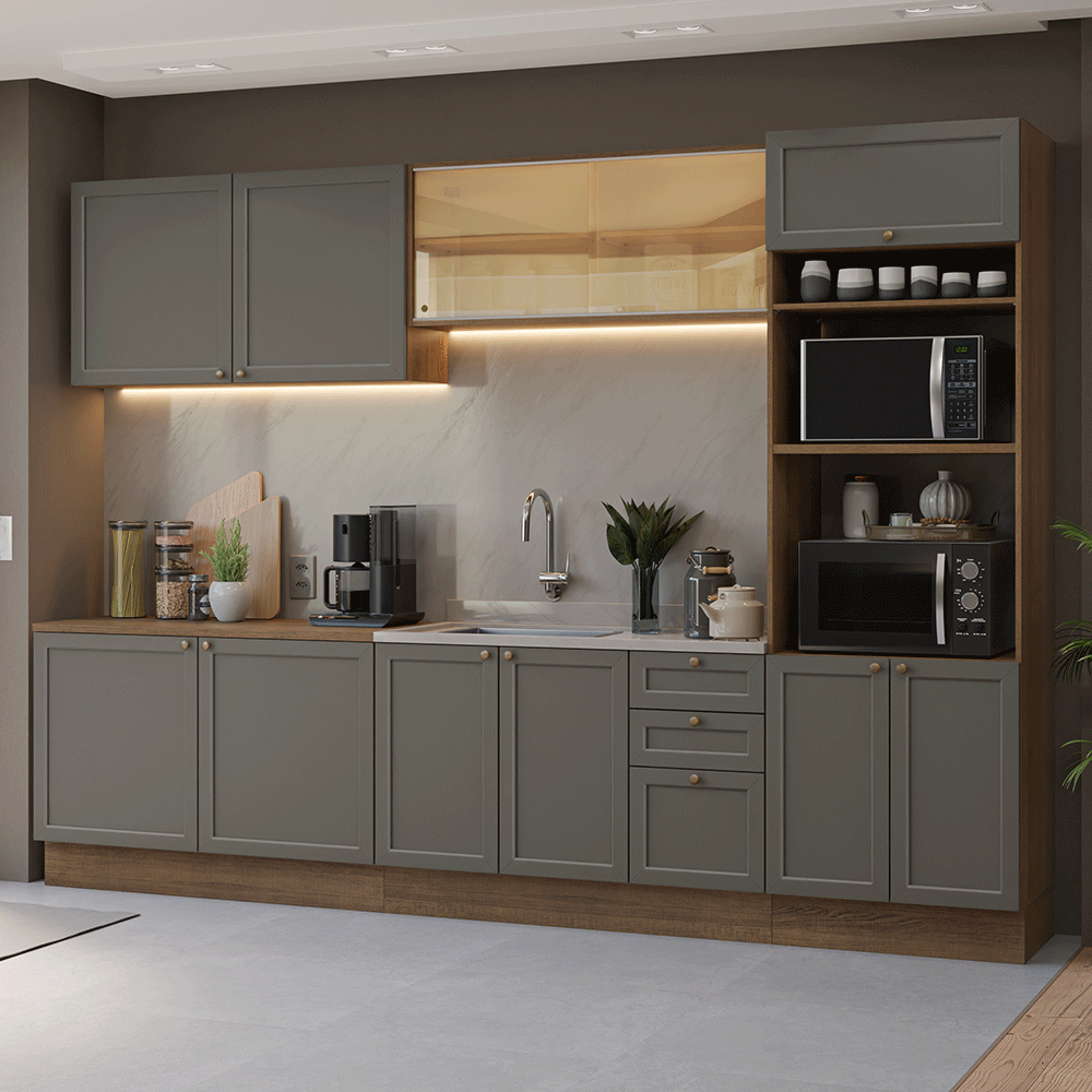 Armário de Cozinha Completa 310 cm Rustic/Cinza Vik Madesa 01