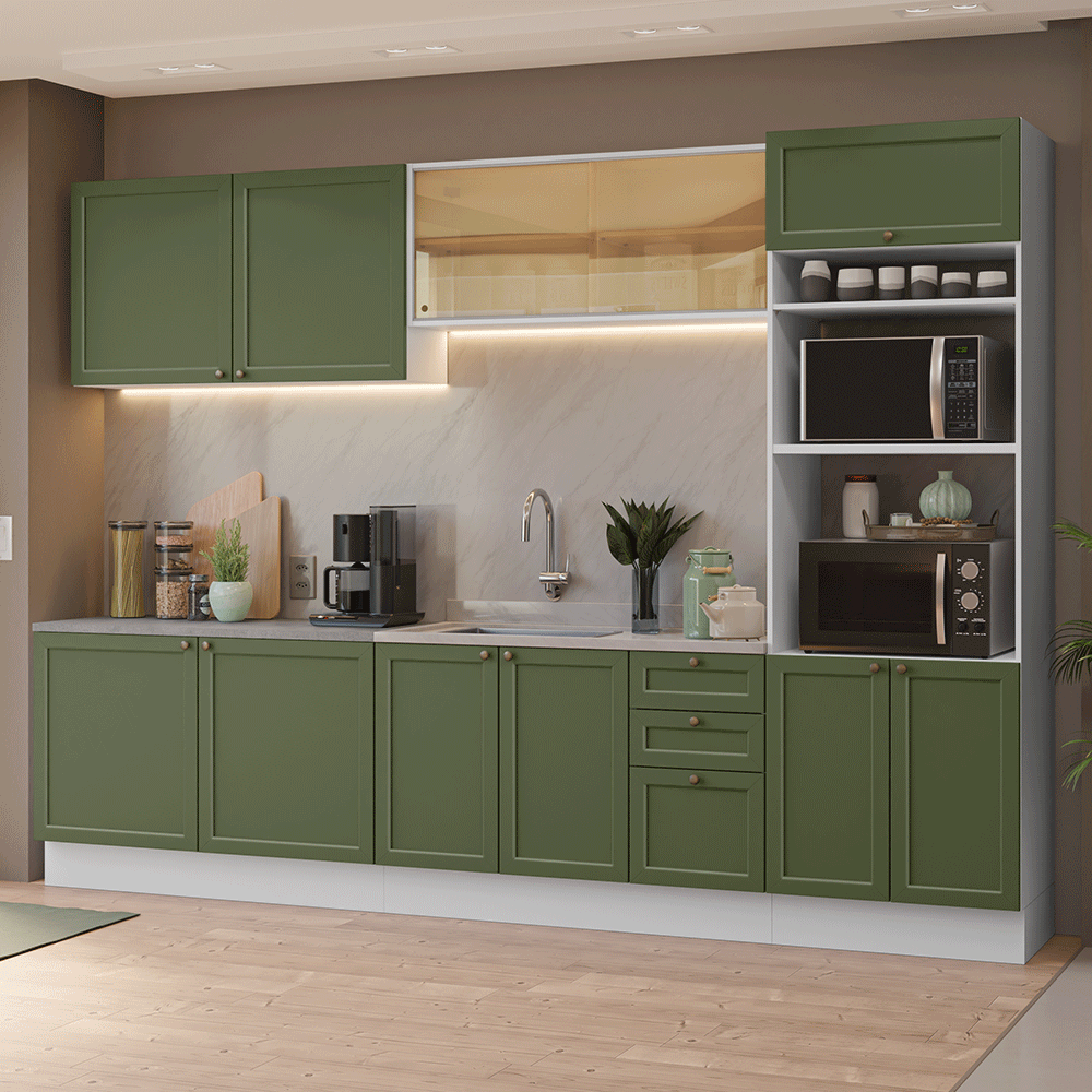 Armário de Cozinha Completa 310 cm Branco/Verde Vik Madesa 01