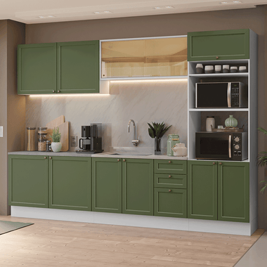 Armário de Cozinha Completa 310 cm Branco/Verde Vik Madesa 01