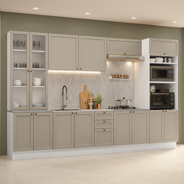 Armário de Cozinha Completa 340 cm Branco/Crema Vik Madesa 01