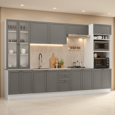 Armário de Cozinha Completa 340 cm Branco/Cinza Vik Madesa 01