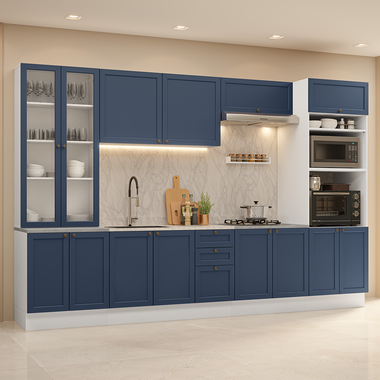 Armário de Cozinha Completa 340 cm Branco/Azul Vik Madesa 01