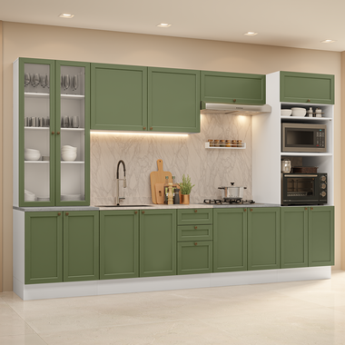 Armário de Cozinha Completa 340 cm Branco/Verde Vik Madesa 01