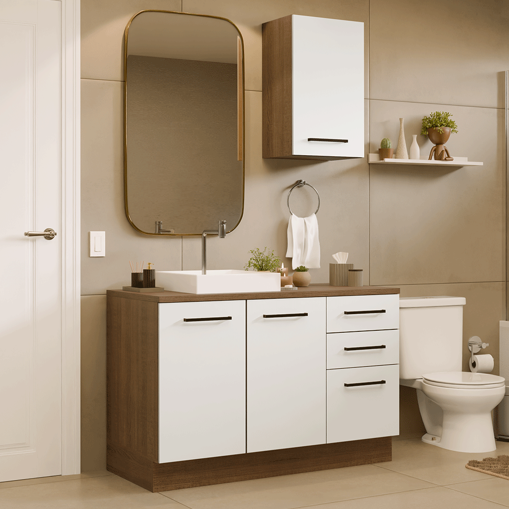 Conjunto Gabinete para Banheiro 120cm 3 Portas 3 Gavetas Rustic/Branco Agata Madesa 01