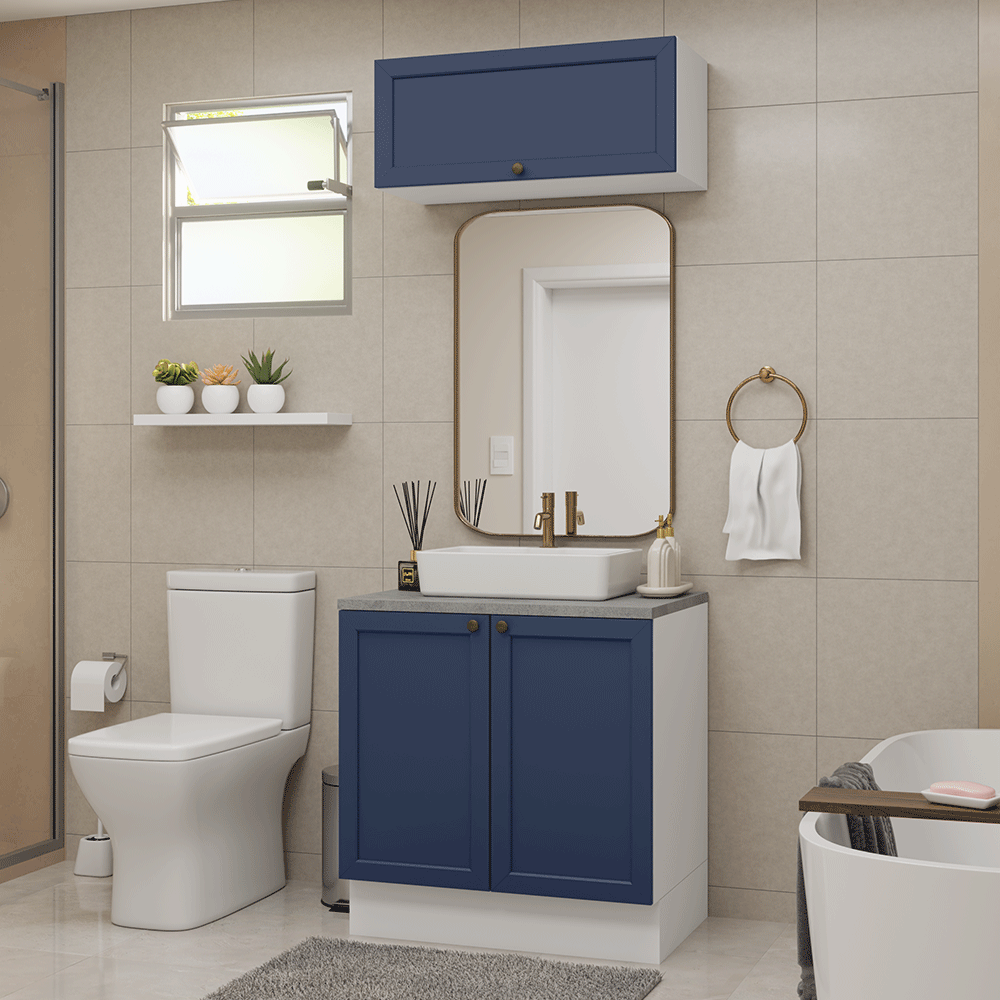 Conjunto Gabinete para Banheiro 80cm 3 Portas Branco/Azul Vik Madesa 02