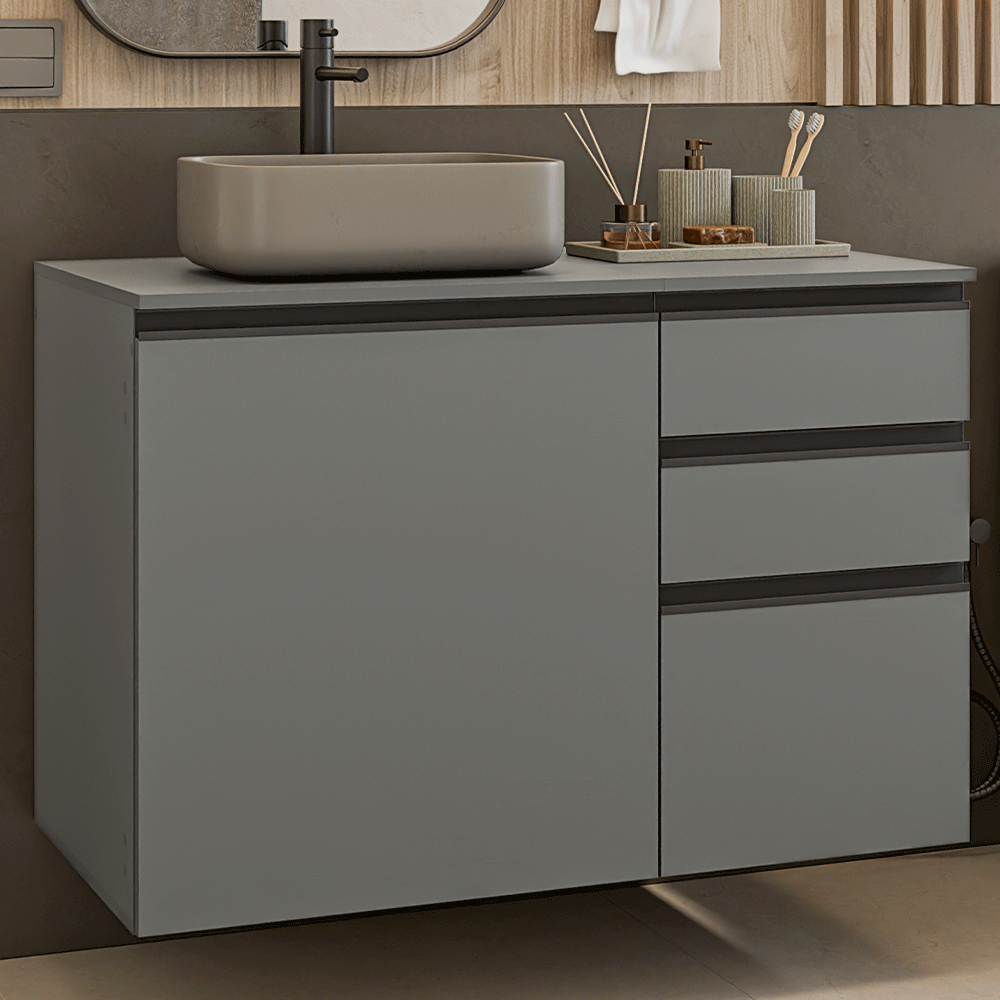 Gabinete Suspenso para Banheiro 100cm 1 Porta 3 Gavetas Cinza Nice Madesa 03