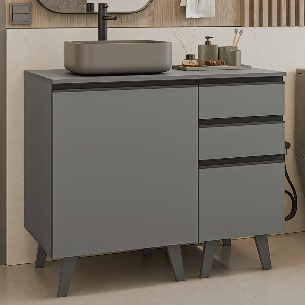 Gabinete para Banheiro 100cm 1 Porta 3 Gavetas Cinza Nice Madesa 04