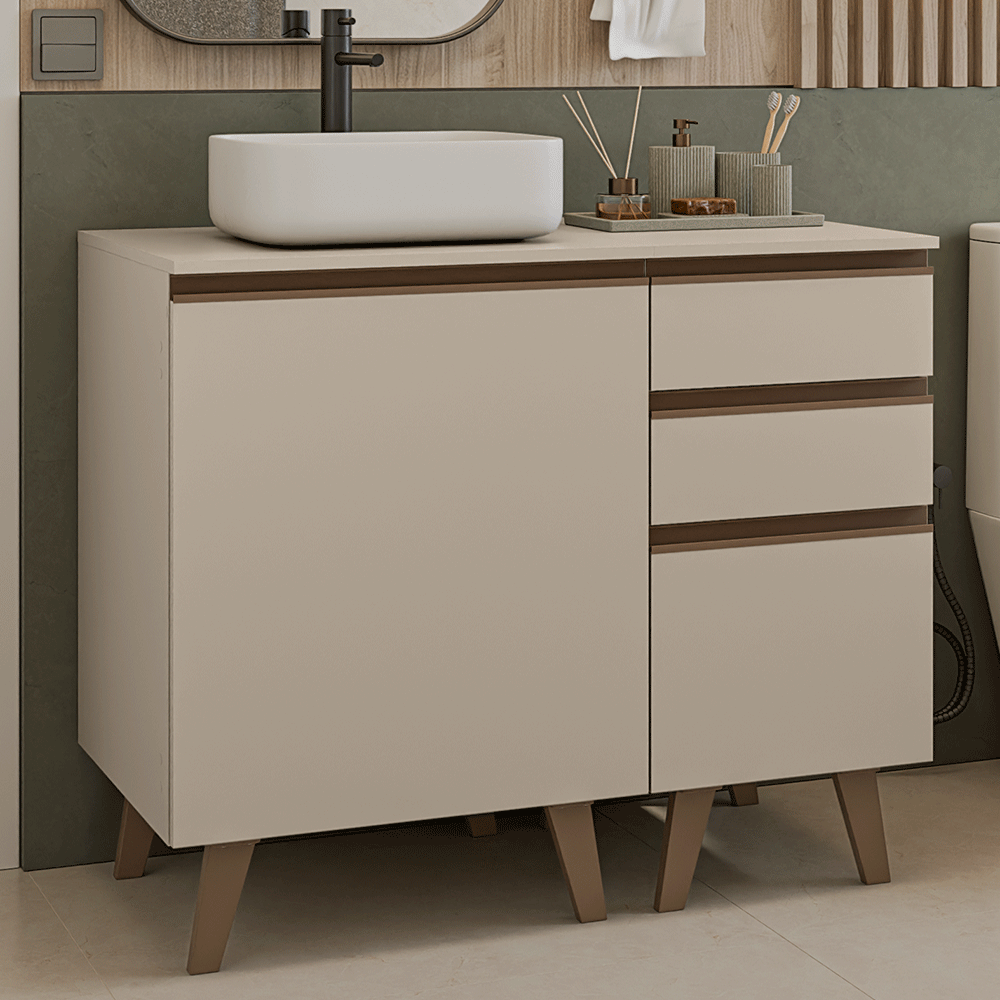 Gabinete para Banheiro 100cm 1 Porta 3 Gavetas Crema Nice Madesa 04