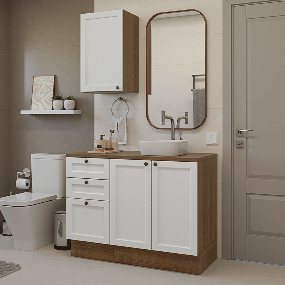 Conjunto Gabinete para Banheiro 110cm 3 Gavetas 3 Portas Rustic/Branco Vik Madesa 01