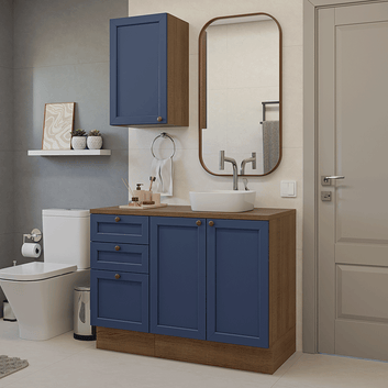 Conjunto Gabinete para Banheiro 110cm 3 Gavetas 3 Portas Rustic/Azul Vik Madesa 01