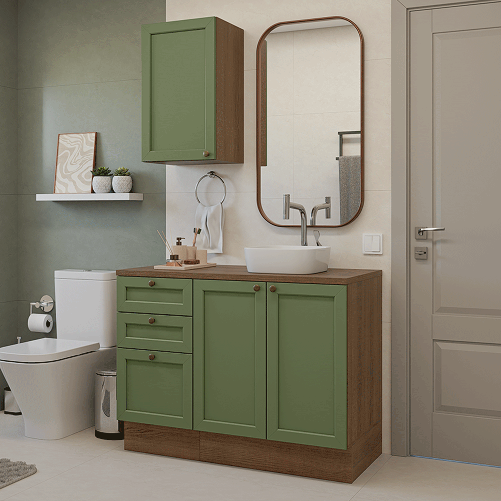 Conjunto Gabinete para Banheiro 110cm 3 Gavetas 3 Portas Rustic/Verde Vik Madesa 01