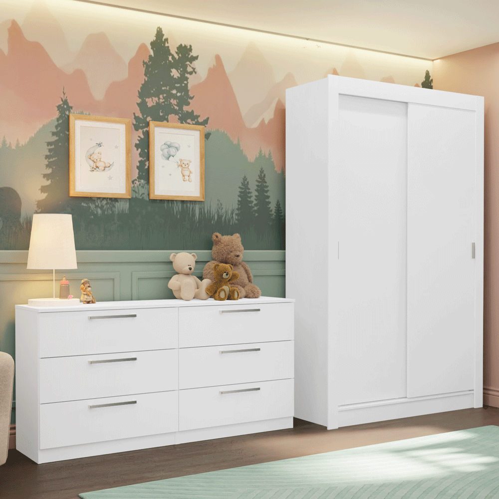 Conjunto Quarto Infantil com Guarda Roupa 2 Portas e Cômoda Madesa