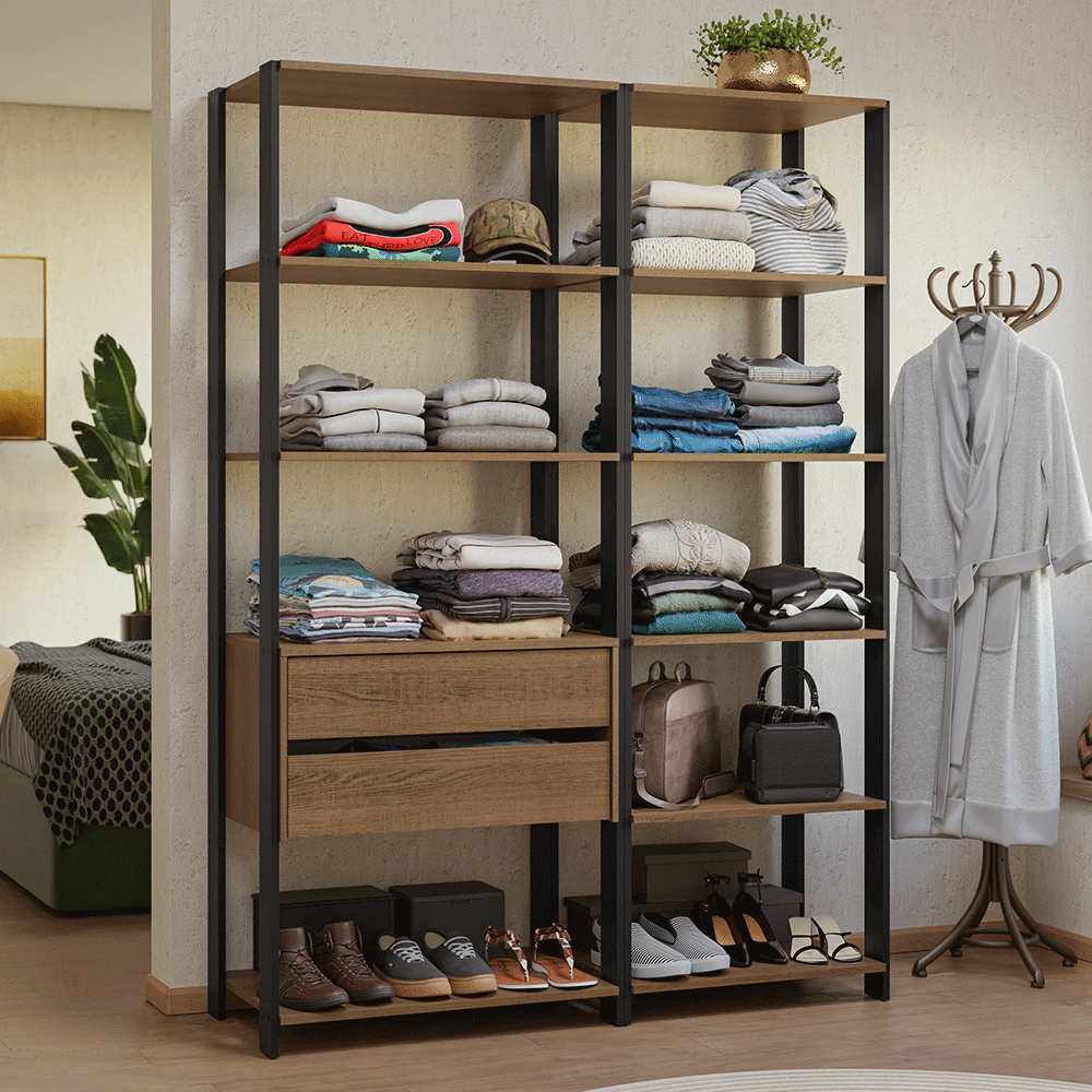 Guarda-Roupa Closet Modulado Valencia 2 Gavetas 9 Prateleiras 129cm Rustic/Preto Madesa