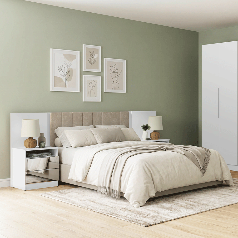Cabeceira Extensível Estofada com 2 Mesas de Cabeceira Espelhadas Branco/Imperial Madesa
