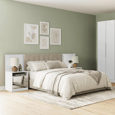 Cabeceira Extensível Estofada com 2 Mesas de Cabeceira Espelhadas Branco/Imperial Madesa