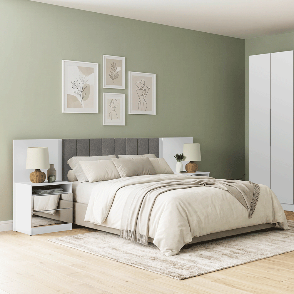 Cabeceira Extensível Estofada com 2 Mesas de Cabeceira Espelhadas Branco/Silver Madesa