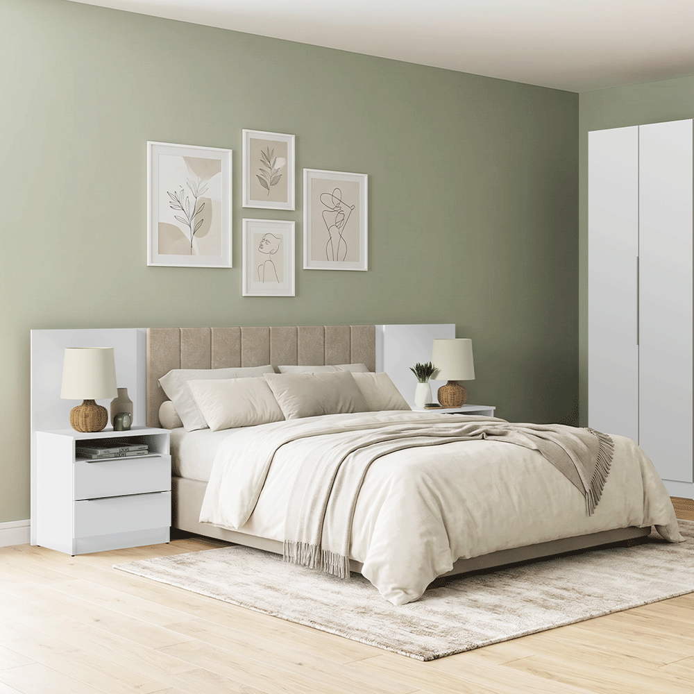 Cabeceira Extensível Estofada com 2 Mesas de Cabeceira Branco/Imperial Madesa