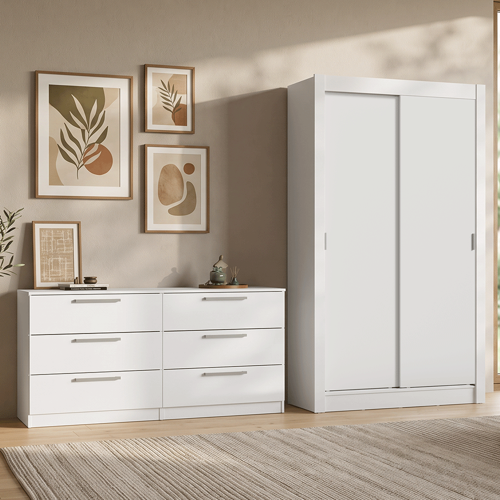 Conjunto Quarto Solteiro com Guarda-Roupa 2 Portas e Cômoda Branco Madesa
