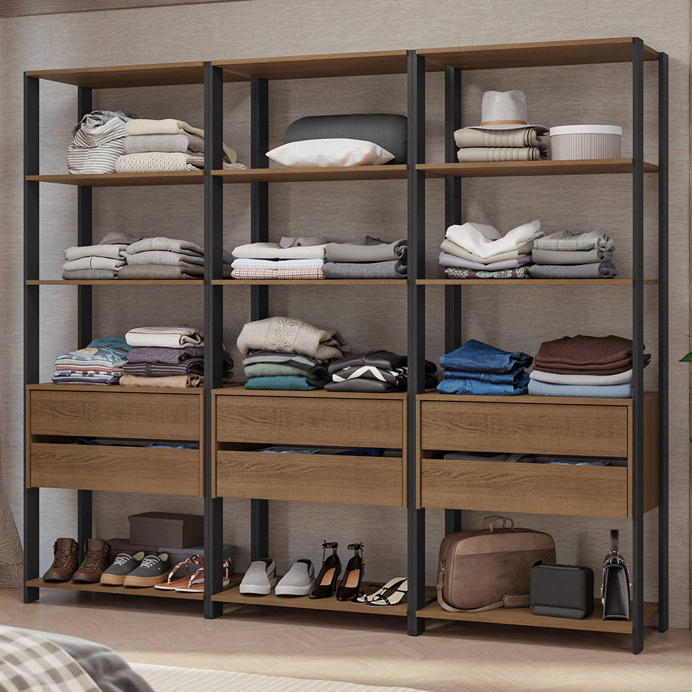 Guarda-Roupa Closet Modulado 6 Gavetas 12 Prateleiras 210cm Rustic/Preto Valencia Madesa