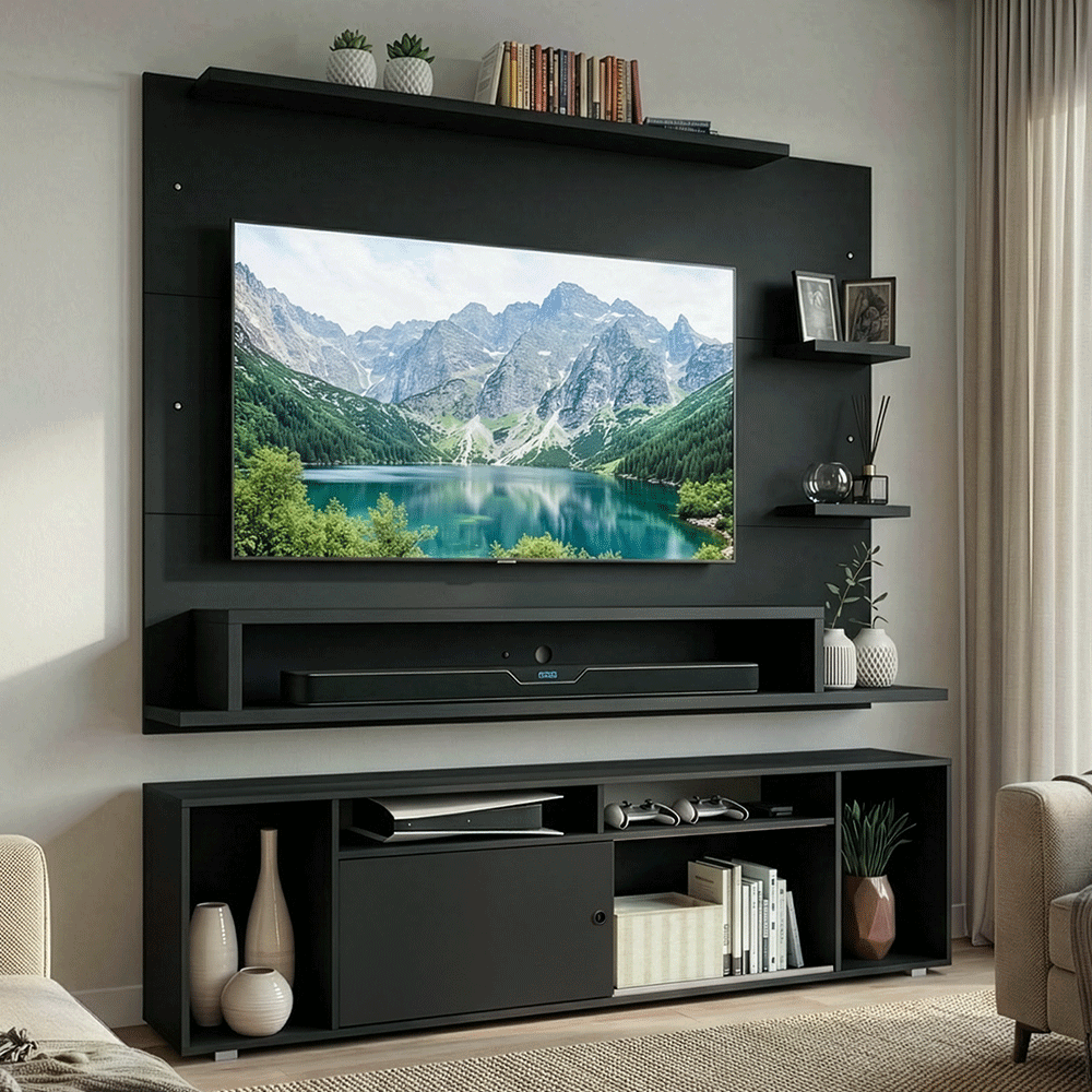 Rack com Painel para TV até 60 Polegadas 180 cm Preto Cancun Madesa