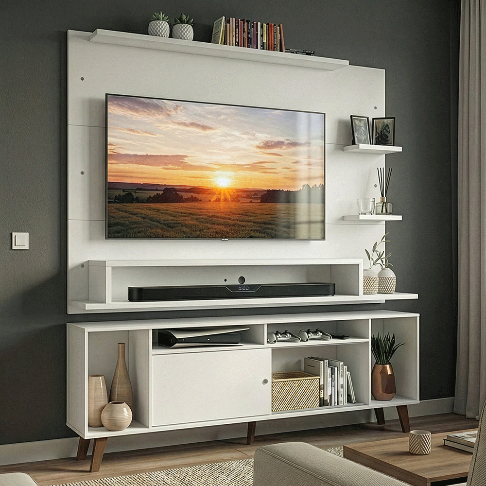 Rack com Painel para TV até 60 Polegadas 180 cm com Pés Branco/Rustic Cancun Madesa