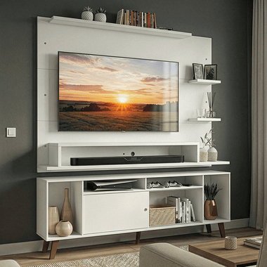Rack com Painel para TV até 60 Polegadas 180 cm com Pés Branco/Rustic Cancun Madesa